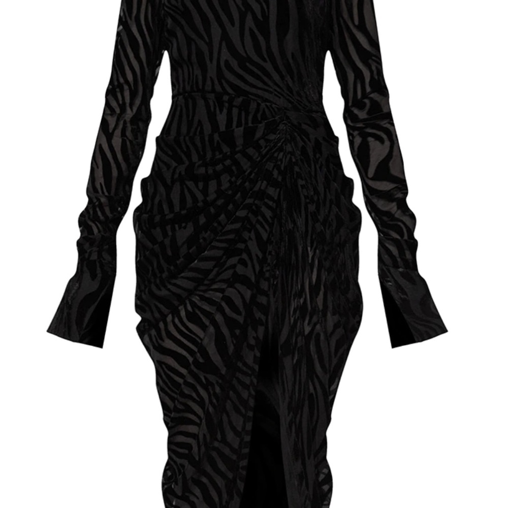 NWT🖤PrettyLittleThing Black Zebra Devore High Neck Draped Midi Dress Sz 4US - Picture 4 of 13